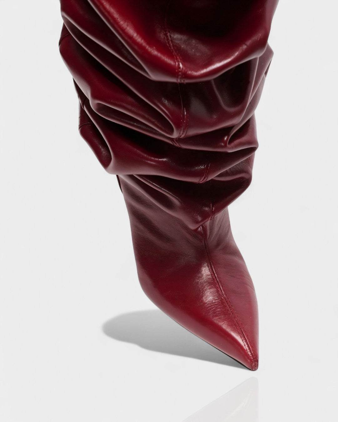 Sorvienne Pointed Toe Wedge Heel Slouch Boots in Burgundy