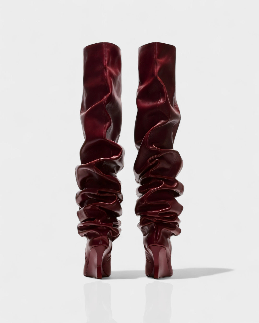 Sorvienne Pointed Toe Wedge Heel Slouch Boots in Burgundy