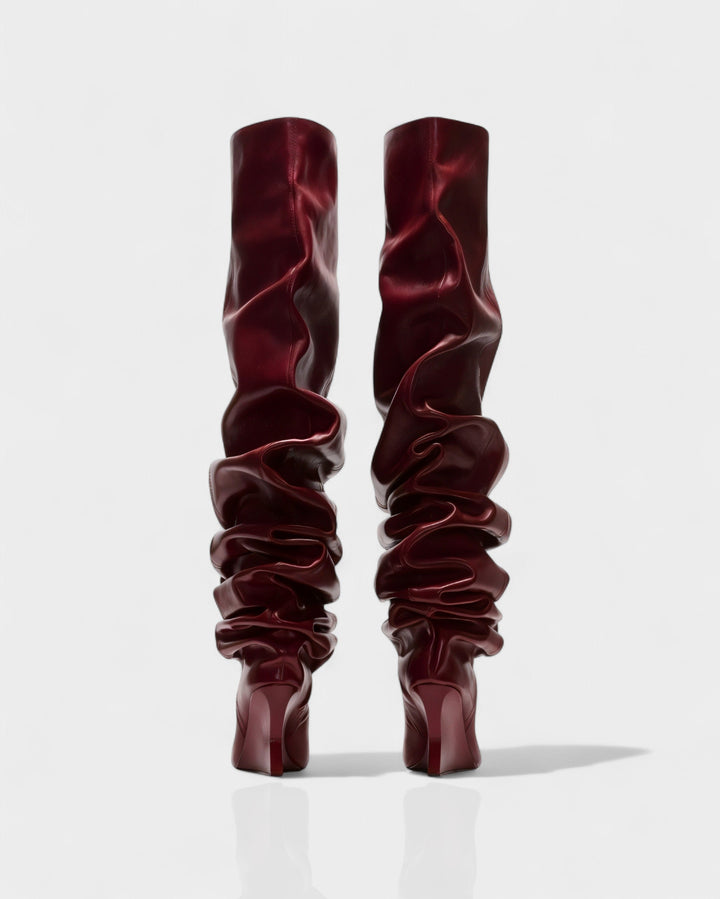 Sorvienne Pointed Toe Wedge Heel Slouch Boots in Burgundy