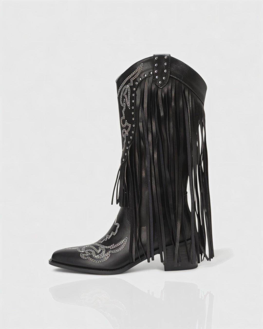 Sorvienne Embroidered Block Heel Fringe Cowboy Boots in Black