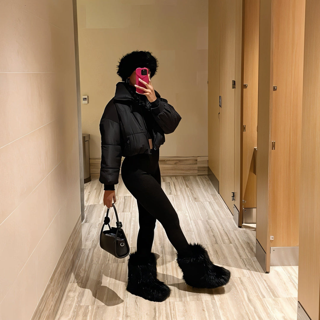 Sorvienne Fluffy Pull On Faux Fur Boots in Black