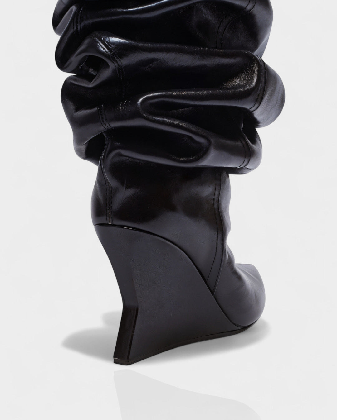Sorvienne Pointed Toe Wedge Heel Slouch Boots in Black