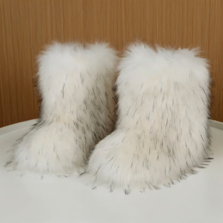 Sorvienne Fluffy Pull On Faux Fur Boots in White