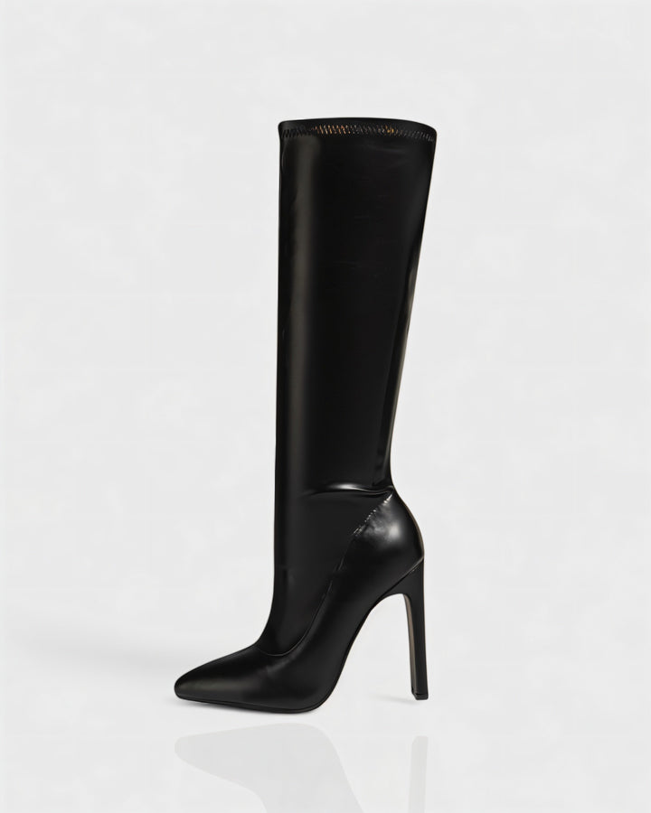 Sorvienne Pointed Stiletto Knee High Boots in Black