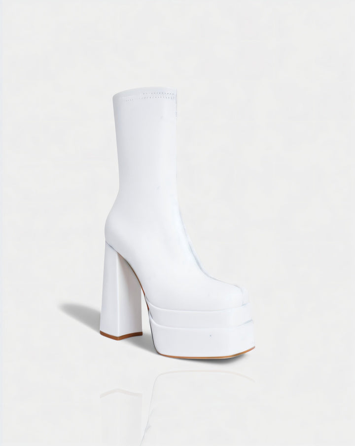 Sorvienne Block Heel Platform Ankle Boots in White