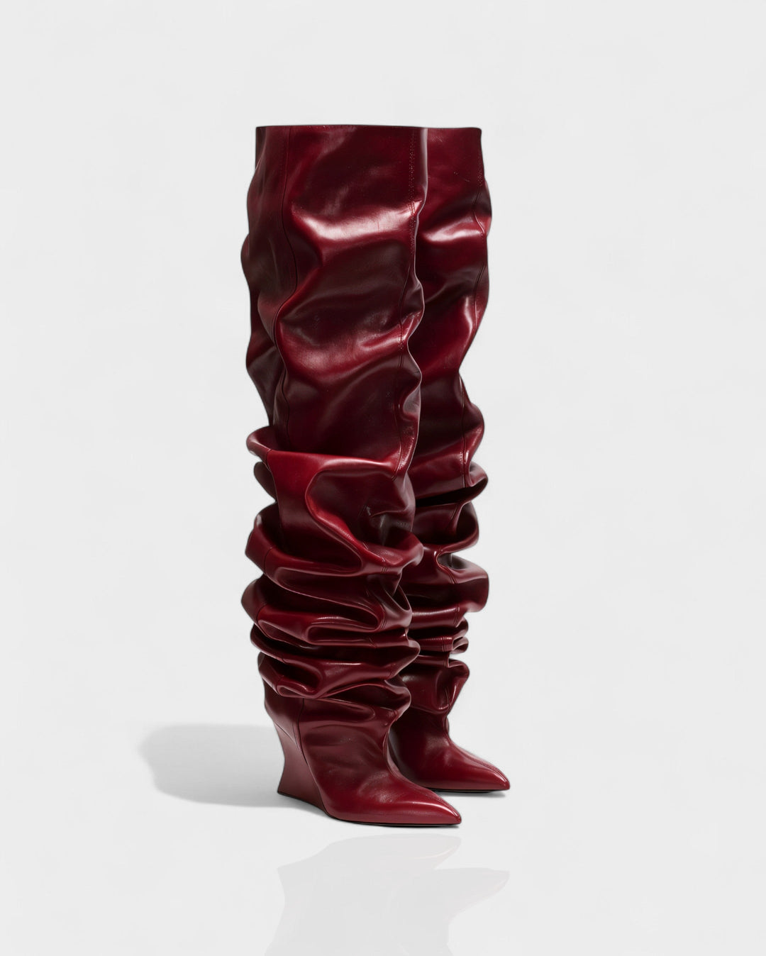 Sorvienne Pointed Toe Wedge Heel Slouch Boots in Burgundy