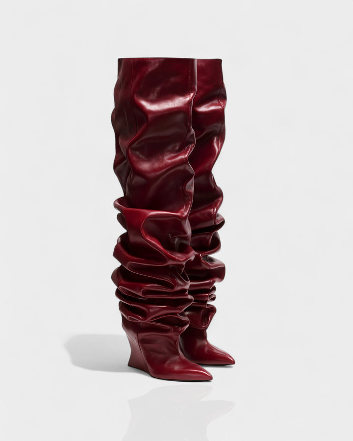 Sorvienne Pointed Toe Wedge Heel Slouch Boots in Burgundy