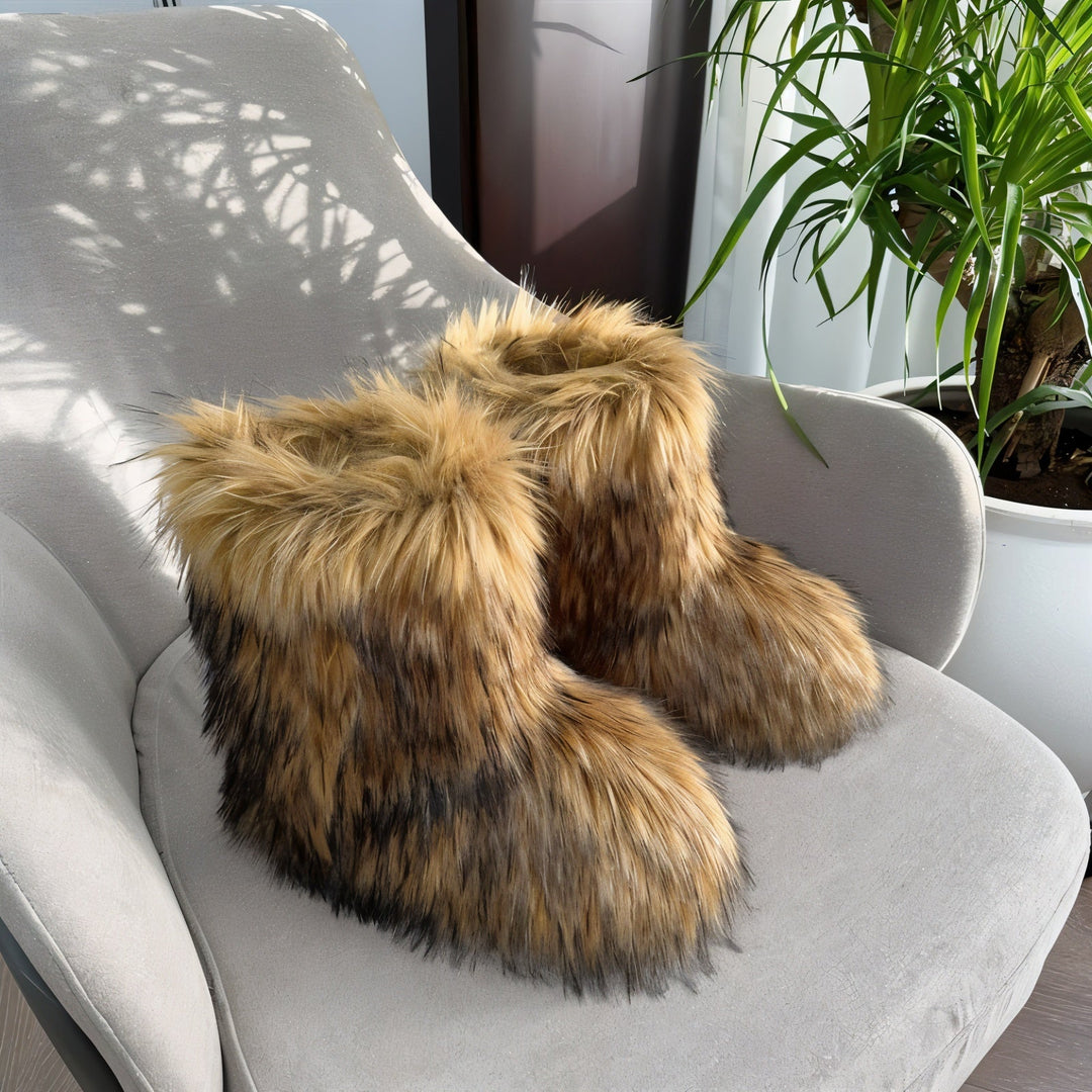 Sorvienne Fluffy Pull On Faux Fur Boots in Brown