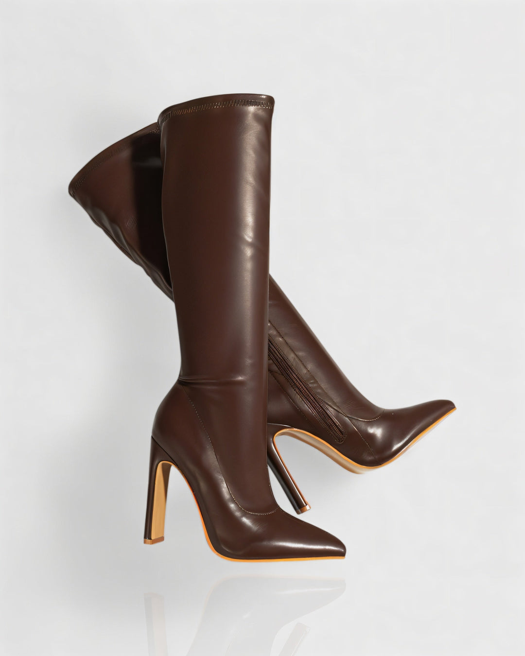 Sorvienne Pointed Stiletto Knee High Boots in Brown