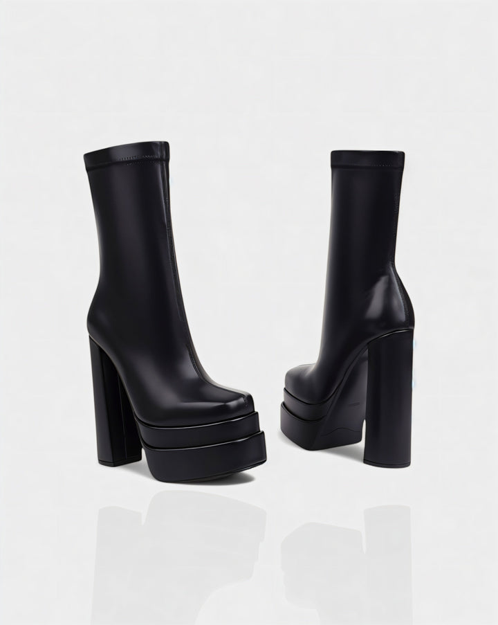 Sorvienne Block Heel Platform Ankle Boots in Black