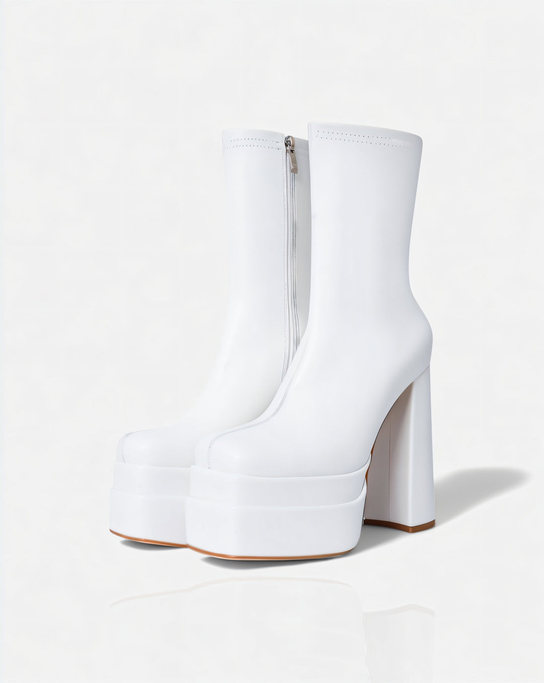 Sorvienne Block Heel Platform Ankle Boots in White