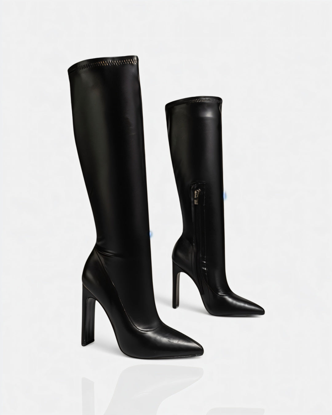 Sorvienne Pointed Stiletto Knee High Boots in Black