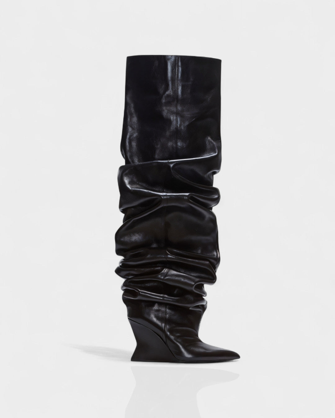 Sorvienne Pointed Toe Wedge Heel Slouch Boots in Black