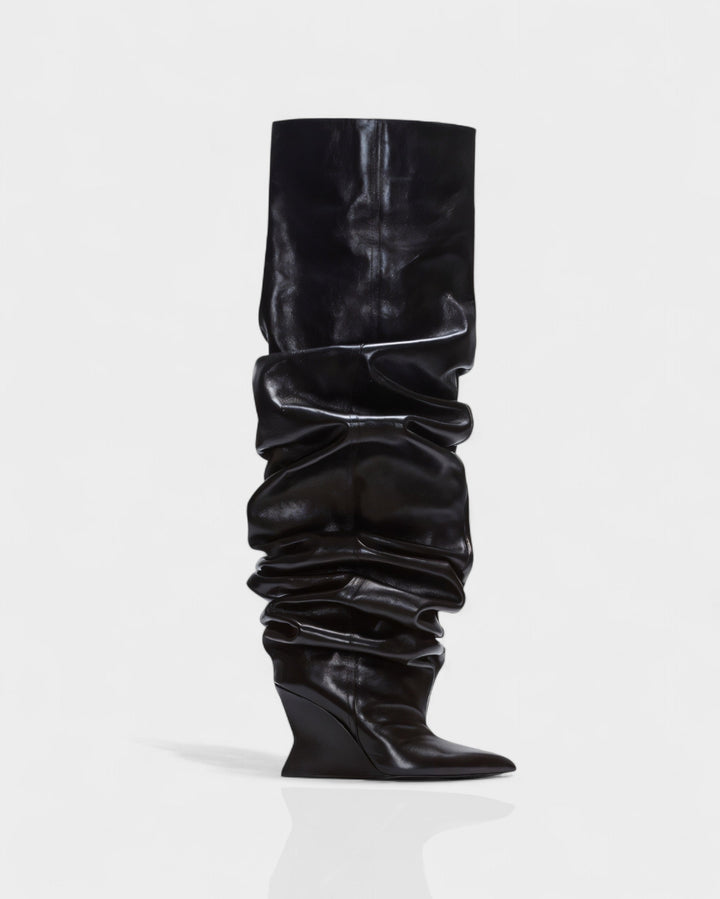 Sorvienne Pointed Toe Wedge Heel Slouch Boots in Black