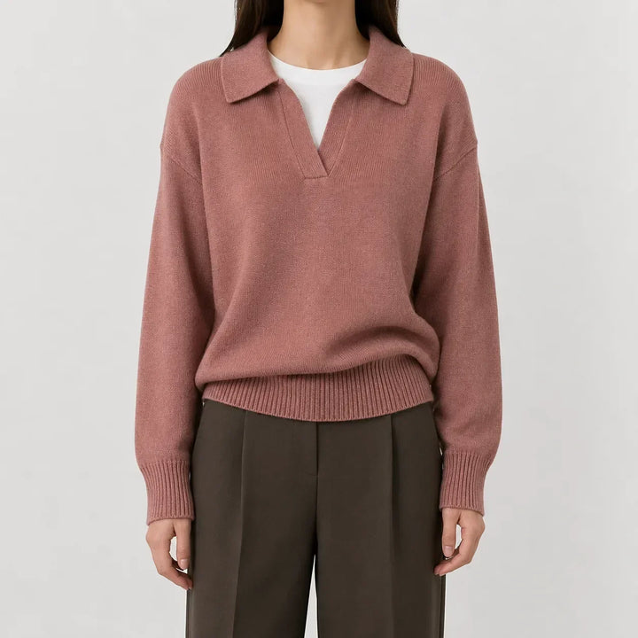 Sorvienne Relaxed Polo Collar Jumper in Dusty Pink