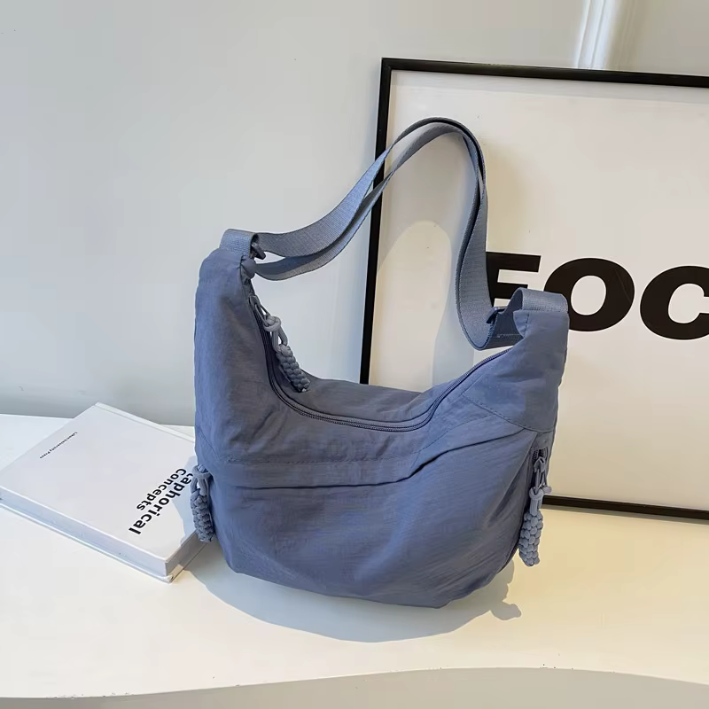 Sorvienne Oversized Slouchy Crescent Crossbody Bag in Denim Blue