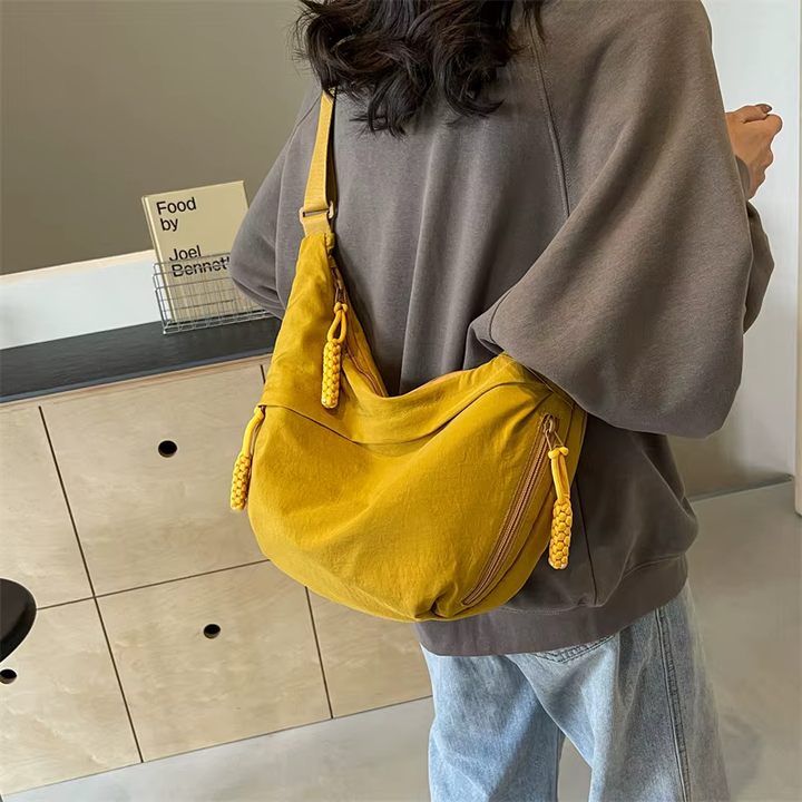 Sorvienne Oversized Slouchy Crescent Crossbody Bag in Mustard