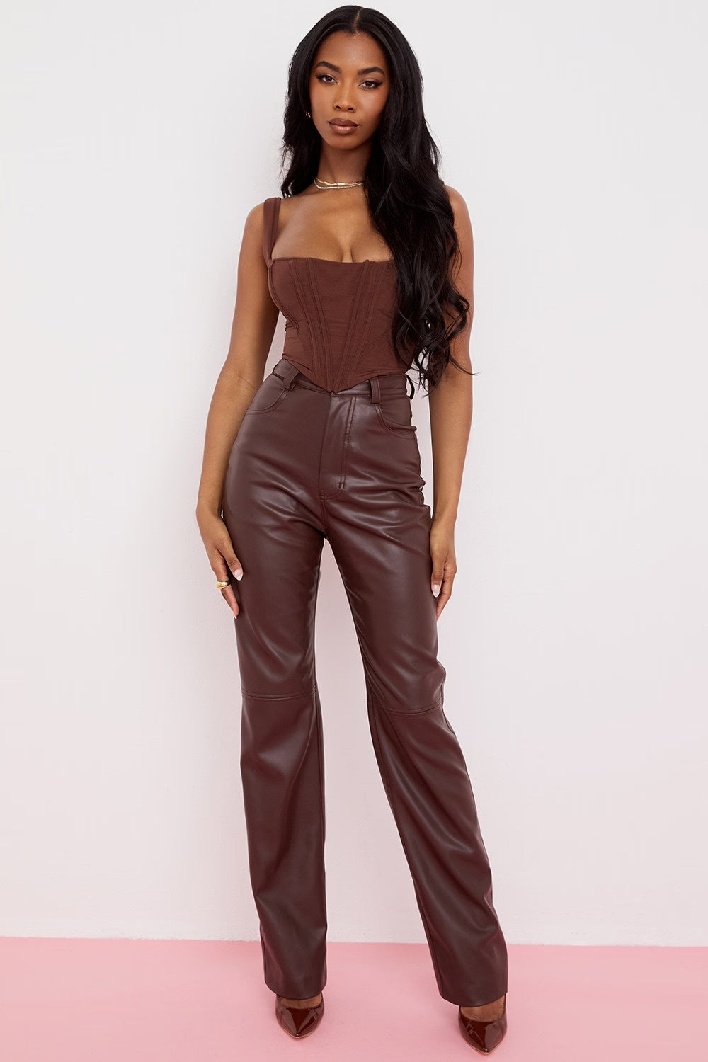 Sorvienne High Waist Straight Leg Faux Leather Trousers