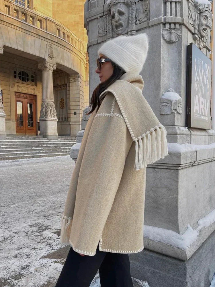 Sorvienne Oversized Blanket Stitch Scarf Coat in Beige