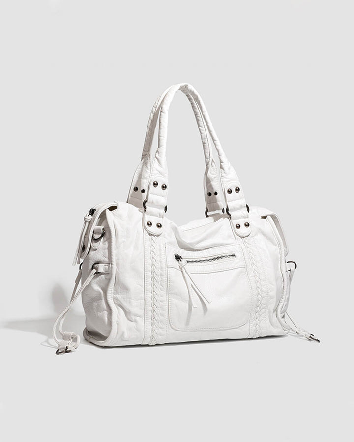 Sorvienne Washed Faux Leather Slouchy Shoulder Bag in White