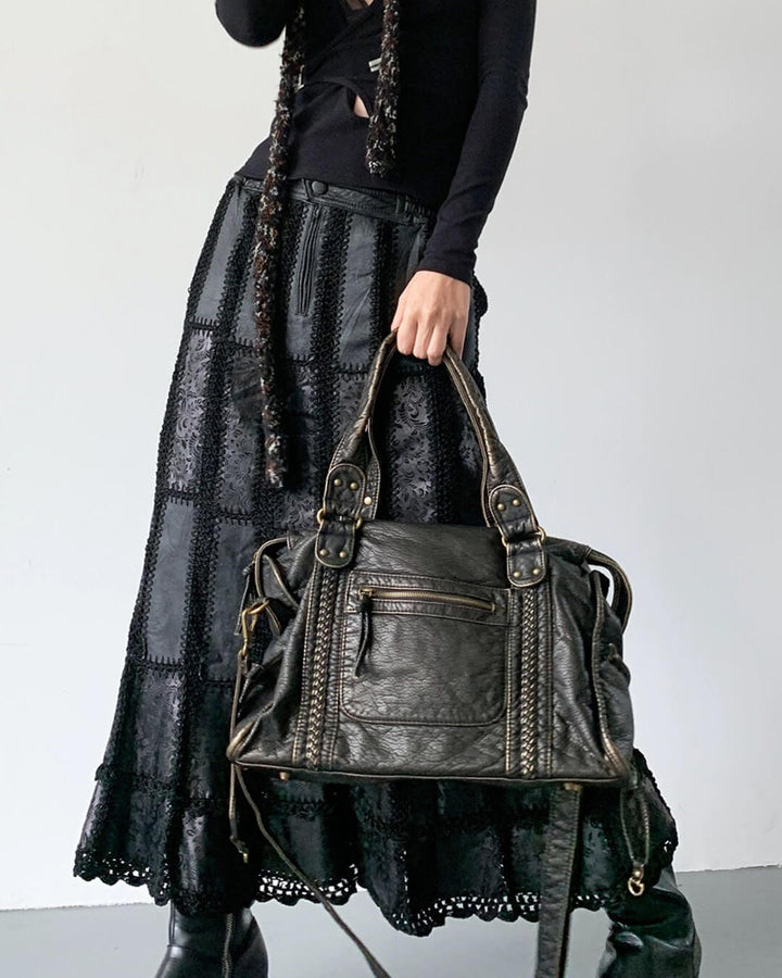 Sorvienne Washed Faux Leather Slouchy Shoulder Bag in Black