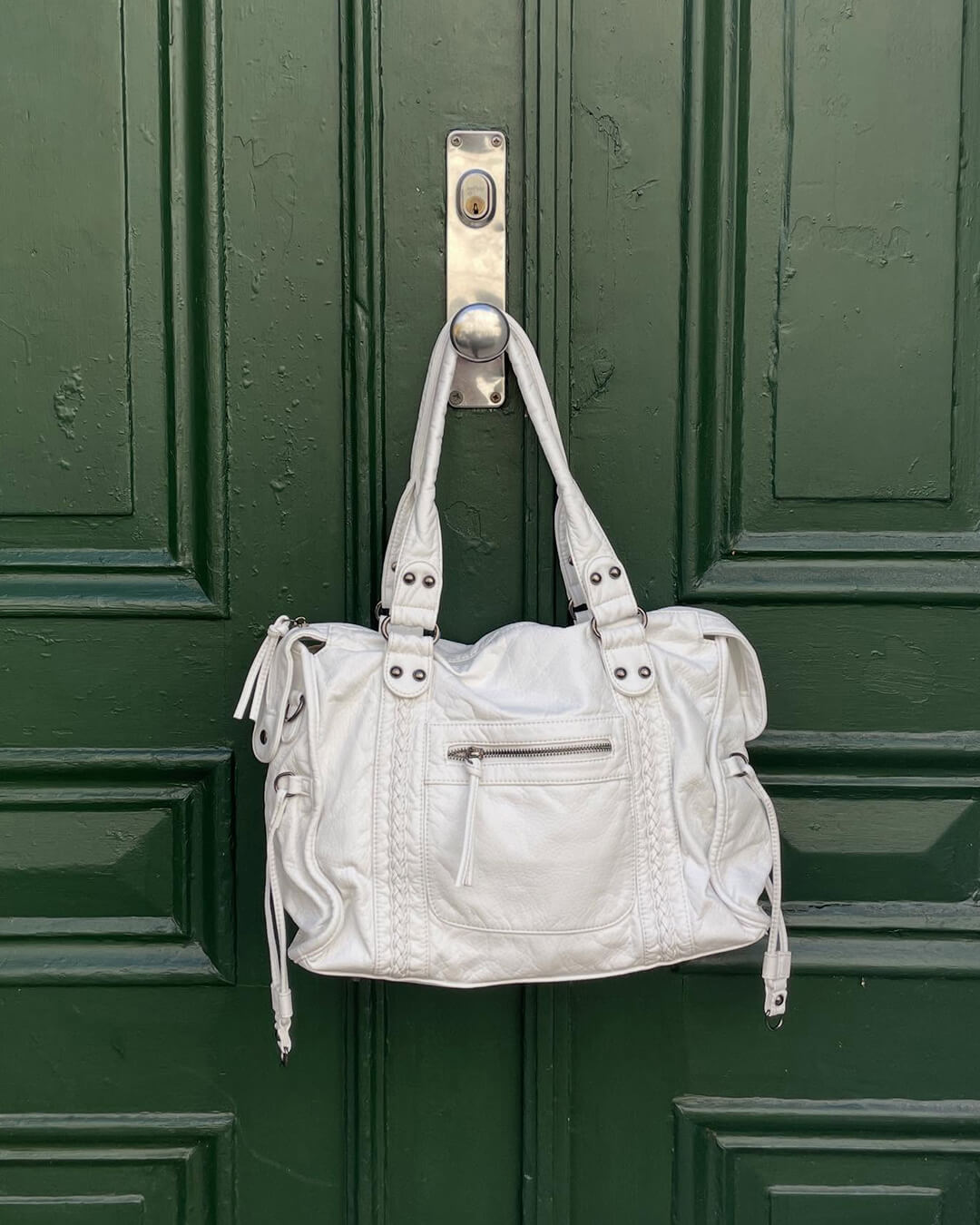 Sorvienne Washed Faux Leather Slouchy Shoulder Bag in White