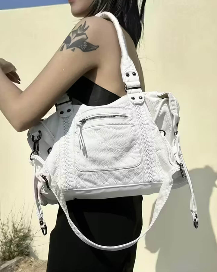 Sorvienne Washed Faux Leather Slouchy Shoulder Bag in White