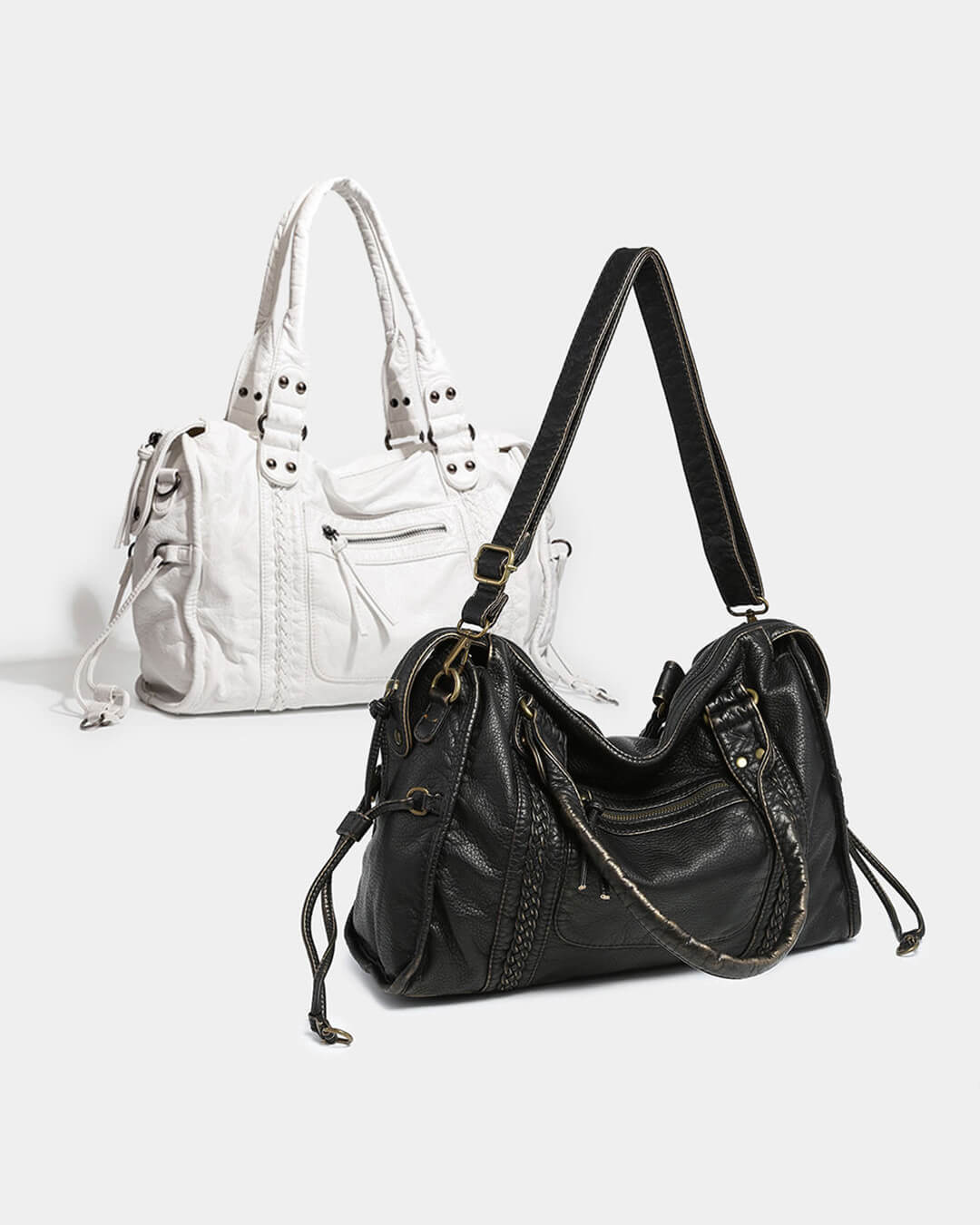 Sorvienne Washed Faux Leather Slouchy Shoulder Bag