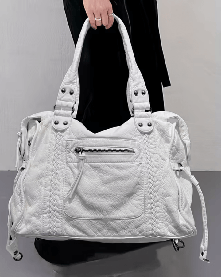 Sorvienne Washed Faux Leather Slouchy Shoulder Bag in White