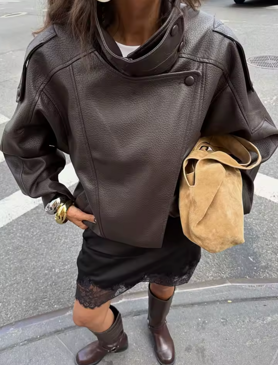Sorvienne Oversized Asymmetric Zip Leather Look Jacket in Brown
