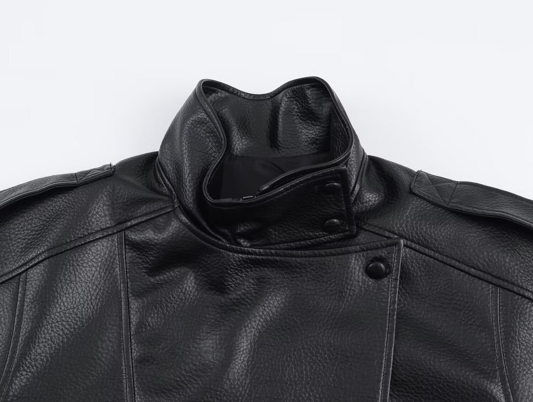 Sorvienne Oversized Asymmetric Zip Leather Look Jacket in Black