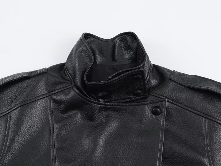 Sorvienne Oversized Asymmetric Zip Leather Look Jacket in Black