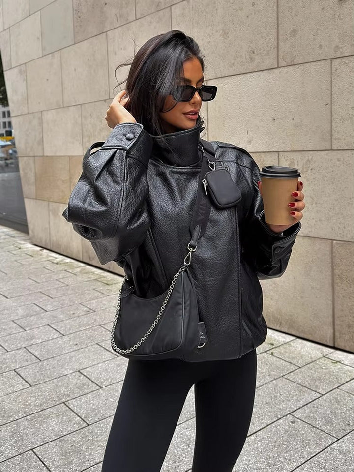 Sorvienne Oversized Asymmetric Zip Leather Look Jacket in Black
