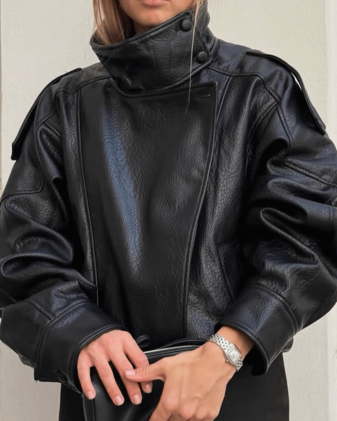Sorvienne Oversized Asymmetric Zip Leather Look Jacket in Black