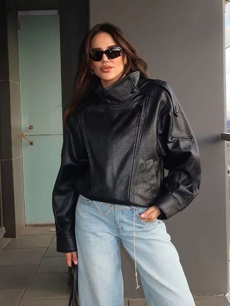 Sorvienne Oversized Asymmetric Zip Leather Look Jacket in Black