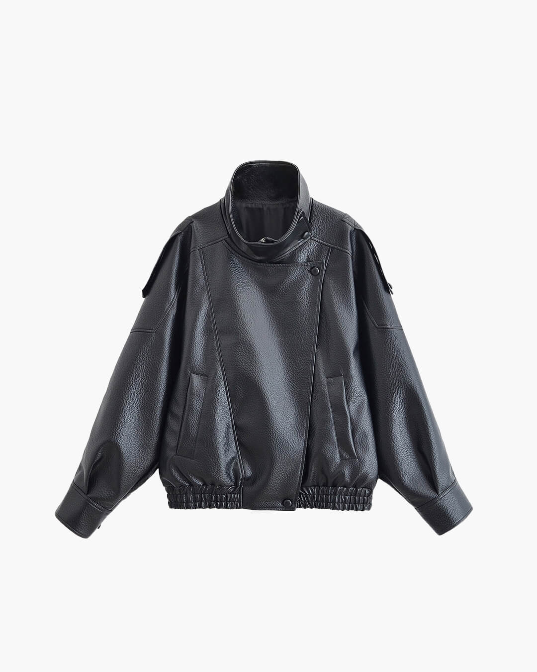 Sorvienne Oversized Asymmetric Zip Leather Look Jacket in Black