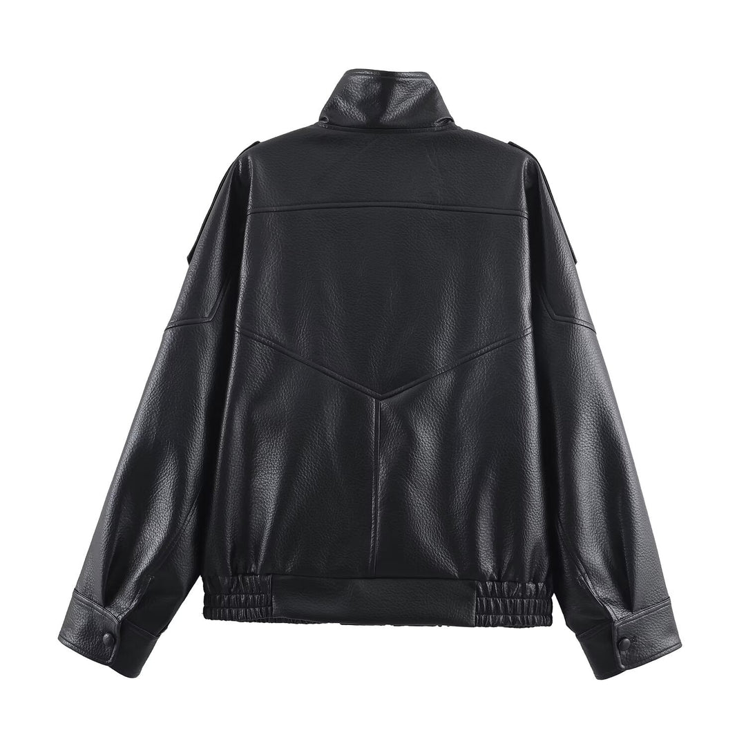 Sorvienne Oversized Asymmetric Zip Leather Look Jacket in Black