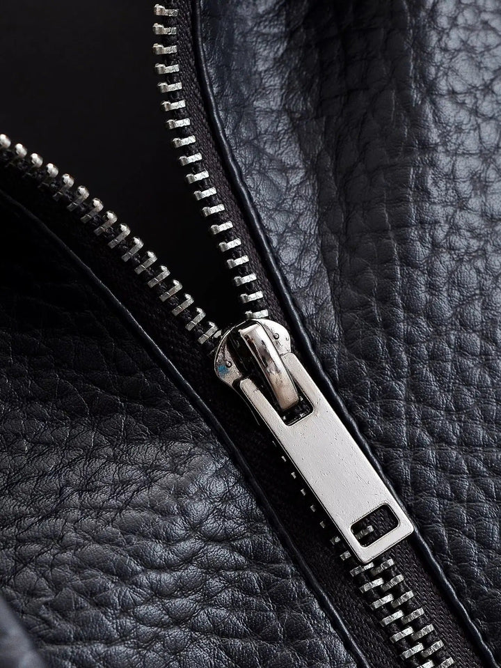 Sorvienne Oversized Asymmetric Zip Leather Look Jacket in Black