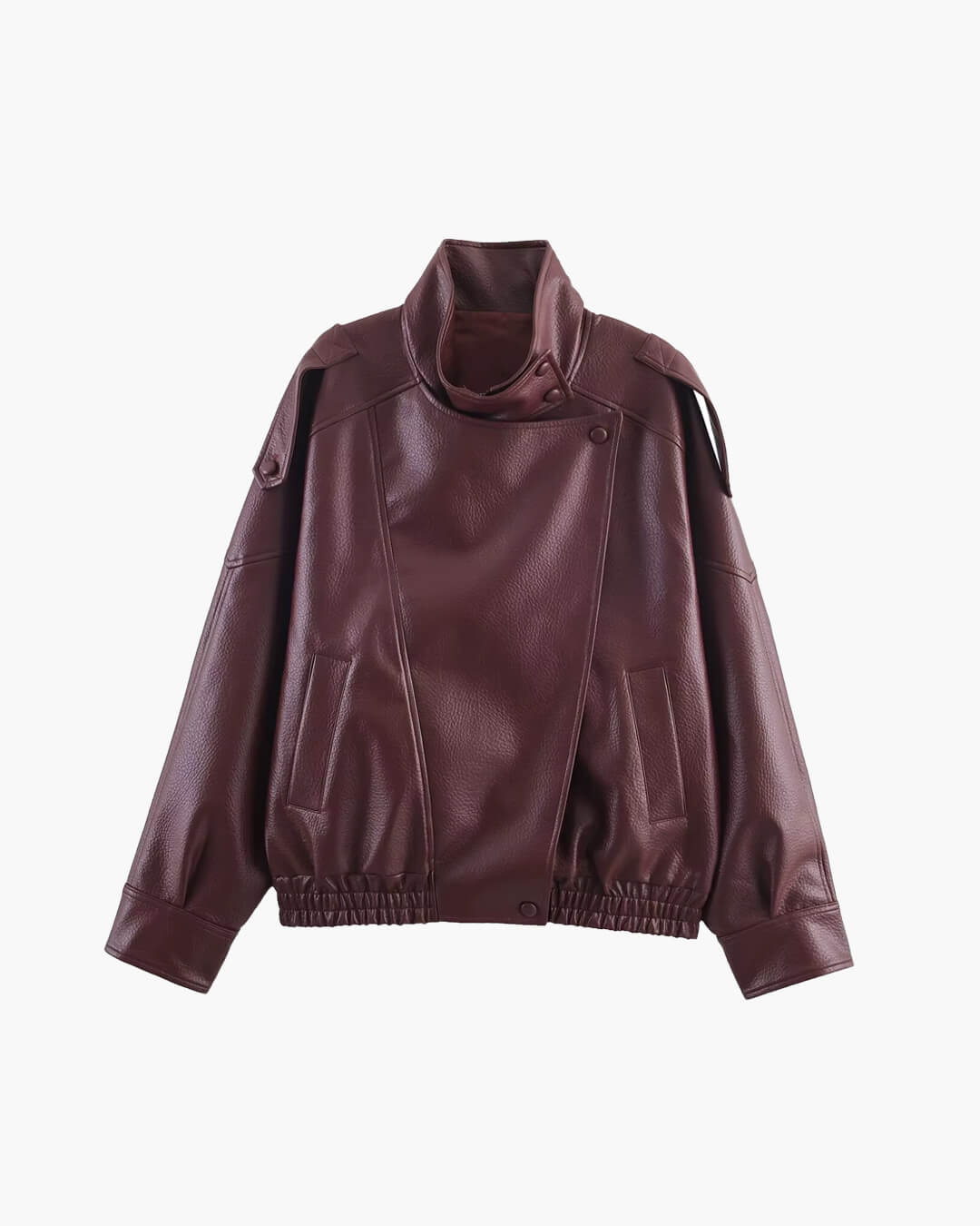 Sorvienne Oversized Asymmetric Zip Leather Look Jacket in Burgundy