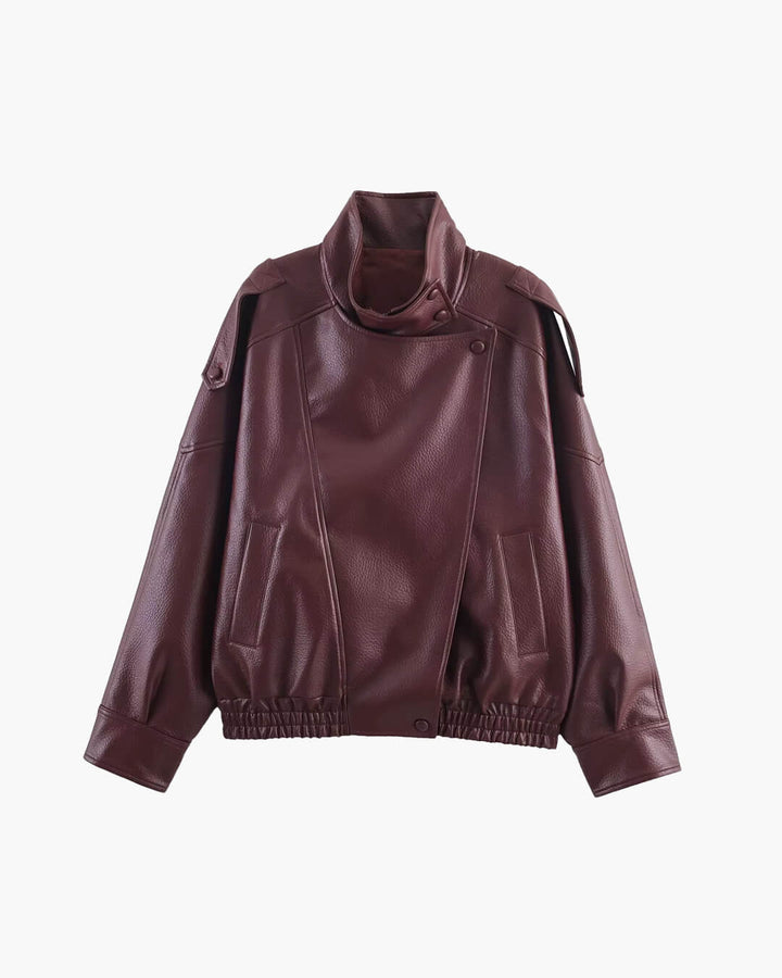 Sorvienne Oversized Asymmetric Zip Leather Look Jacket in Burgundy