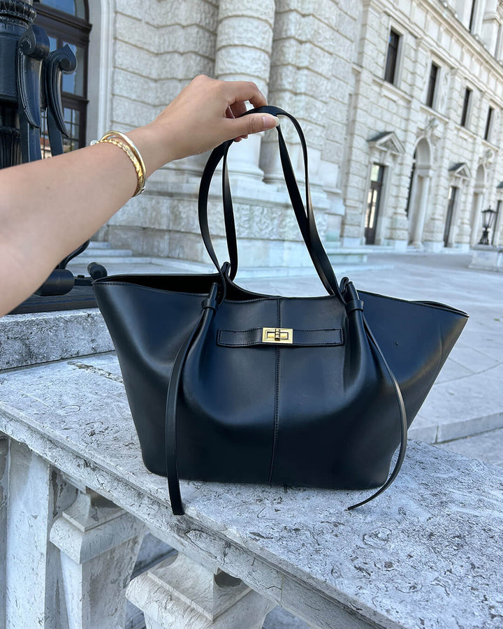 Sorvienne Structured Leather Look Shoulder Tote Bag in Black