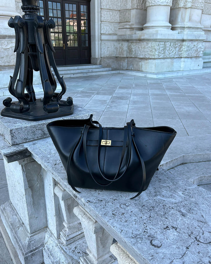 Sorvienne Structured Leather Look Shoulder Tote Bag in Black