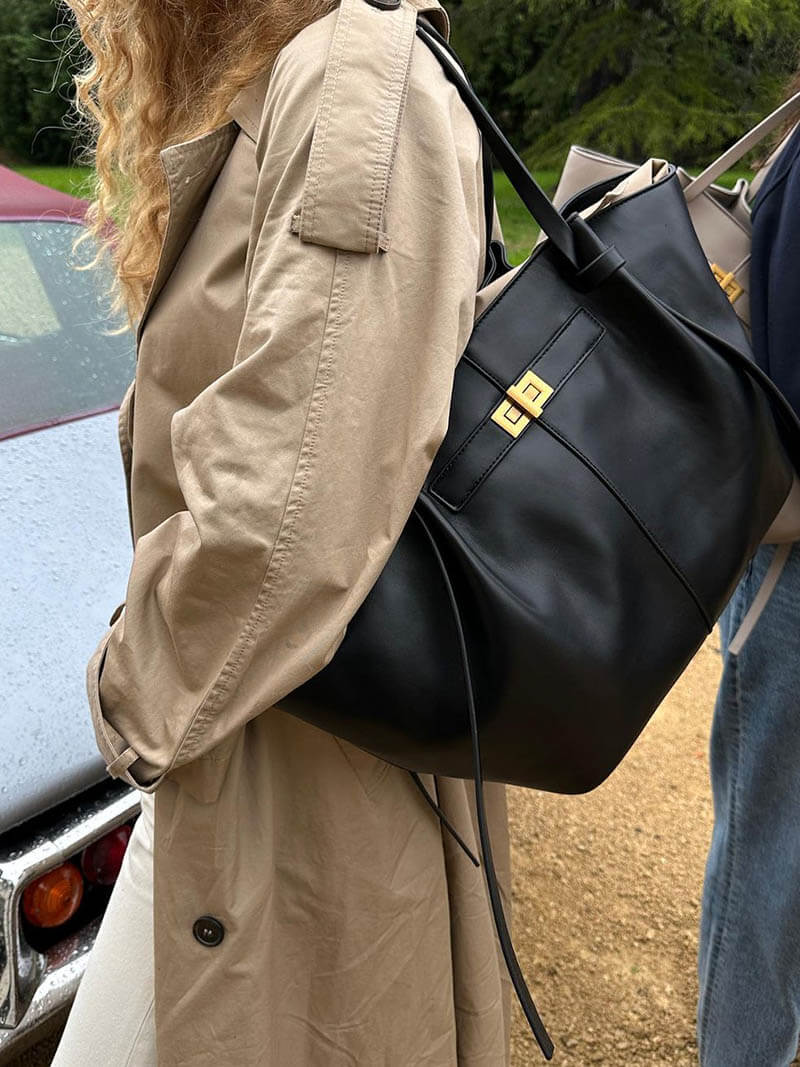 Sorvienne Structured Leather Look Shoulder Tote Bag in Black