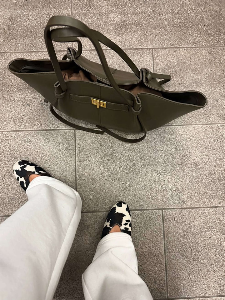 Sorvienne Structured Leather Look Shoulder Tote Bag in Olive