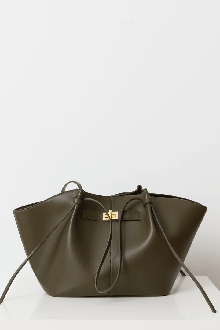 Sorvienne Structured Leather Look Shoulder Tote Bag in Olive