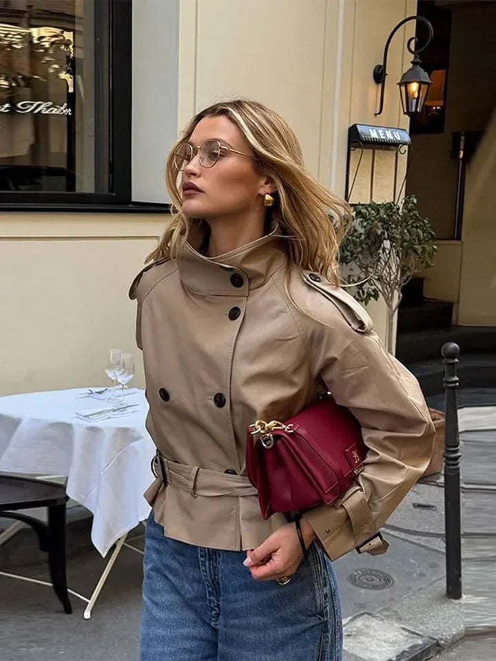 Sorvienne Tailored Belted High Neck Trench Jacket in Beige