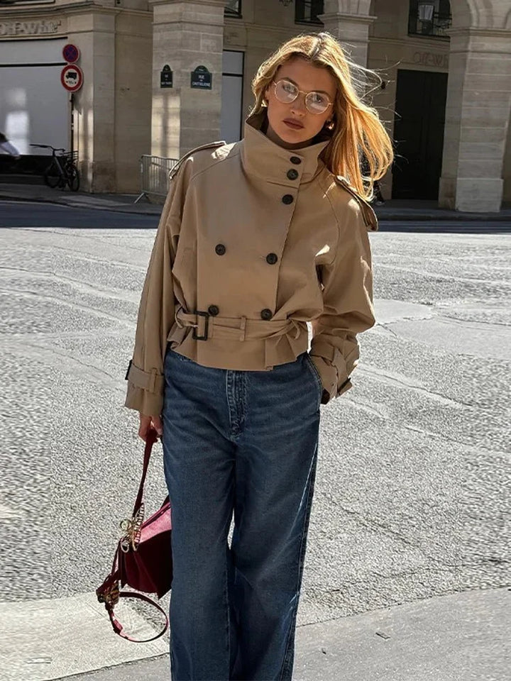 Sorvienne Tailored Belted High Neck Trench Jacket in Beige