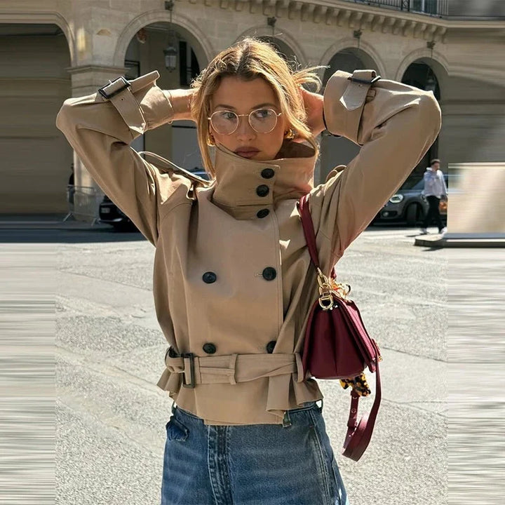 Sorvienne Tailored Belted High Neck Trench Jacket in Beige