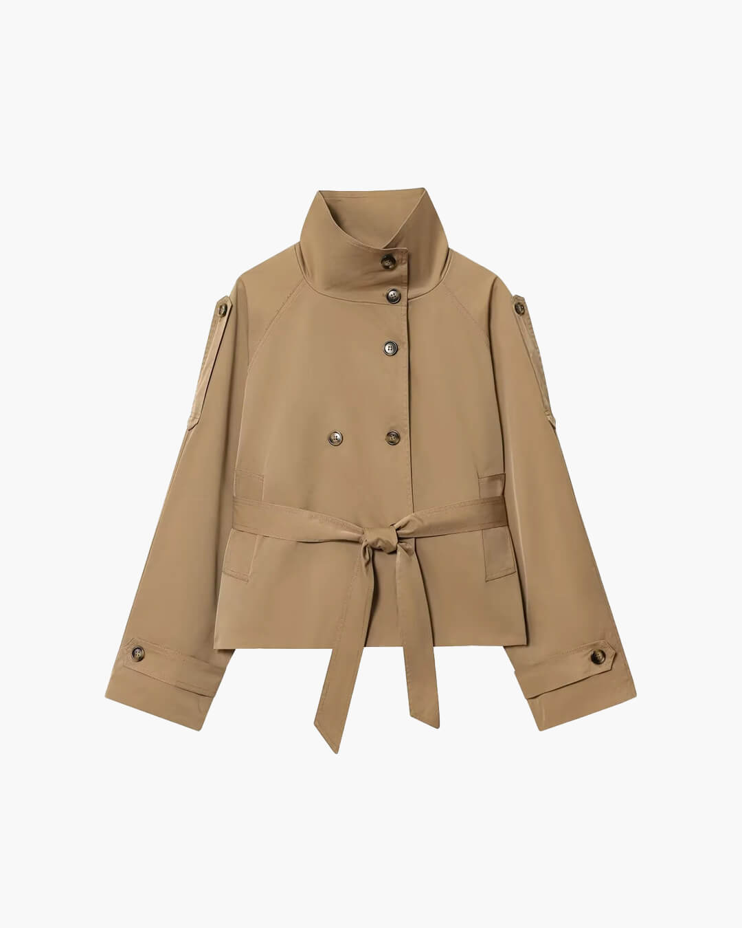 Sorvienne Tailored Belted High Neck Trench Jacket in Beige