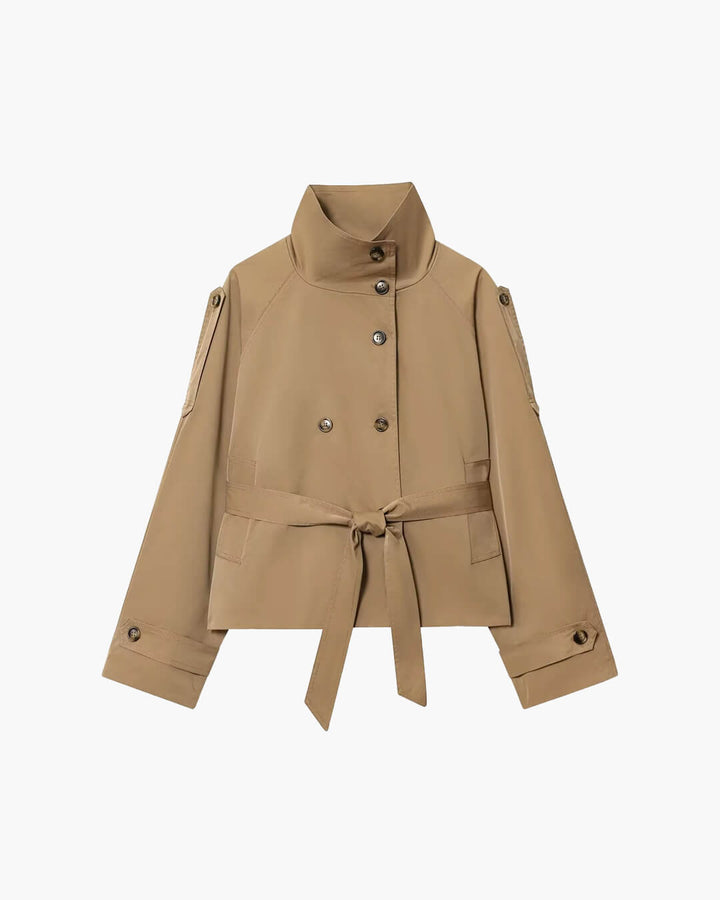 Sorvienne Tailored Belted High Neck Trench Jacket in Beige